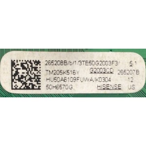 MAIN FUENTE PARA TV HISENSE / NUMERO DE PARTE 265208 / RSAG7.820.9862/ROH / HU50A6109FUWA / 265207 / PANEL HD500X1U91-L3\S0\GM\ROH / MODELO 50H6570G